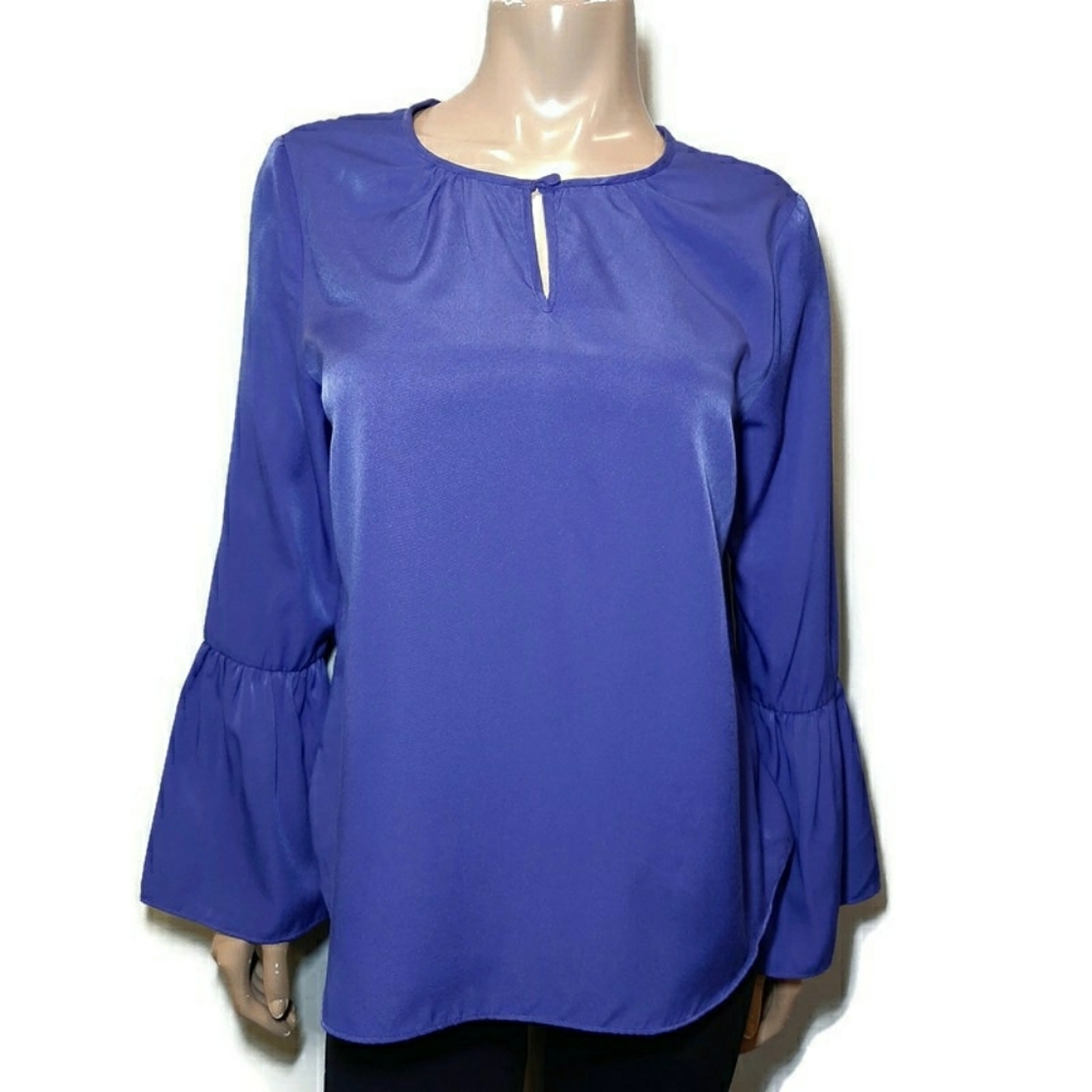 Shinestar Bell Flare Sleeve Tunic Top Satin Keyhole Blouse Blue Size Large